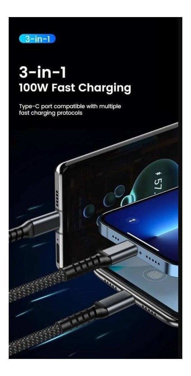 ستارت كابل شحن سريع 3 في 1 بقدرة 100 واط – تايب سي + لايتنينج + مايكرو USB – سلك مجدول متين مع شاشة عرض وLED – طول 1 متر - Image 2